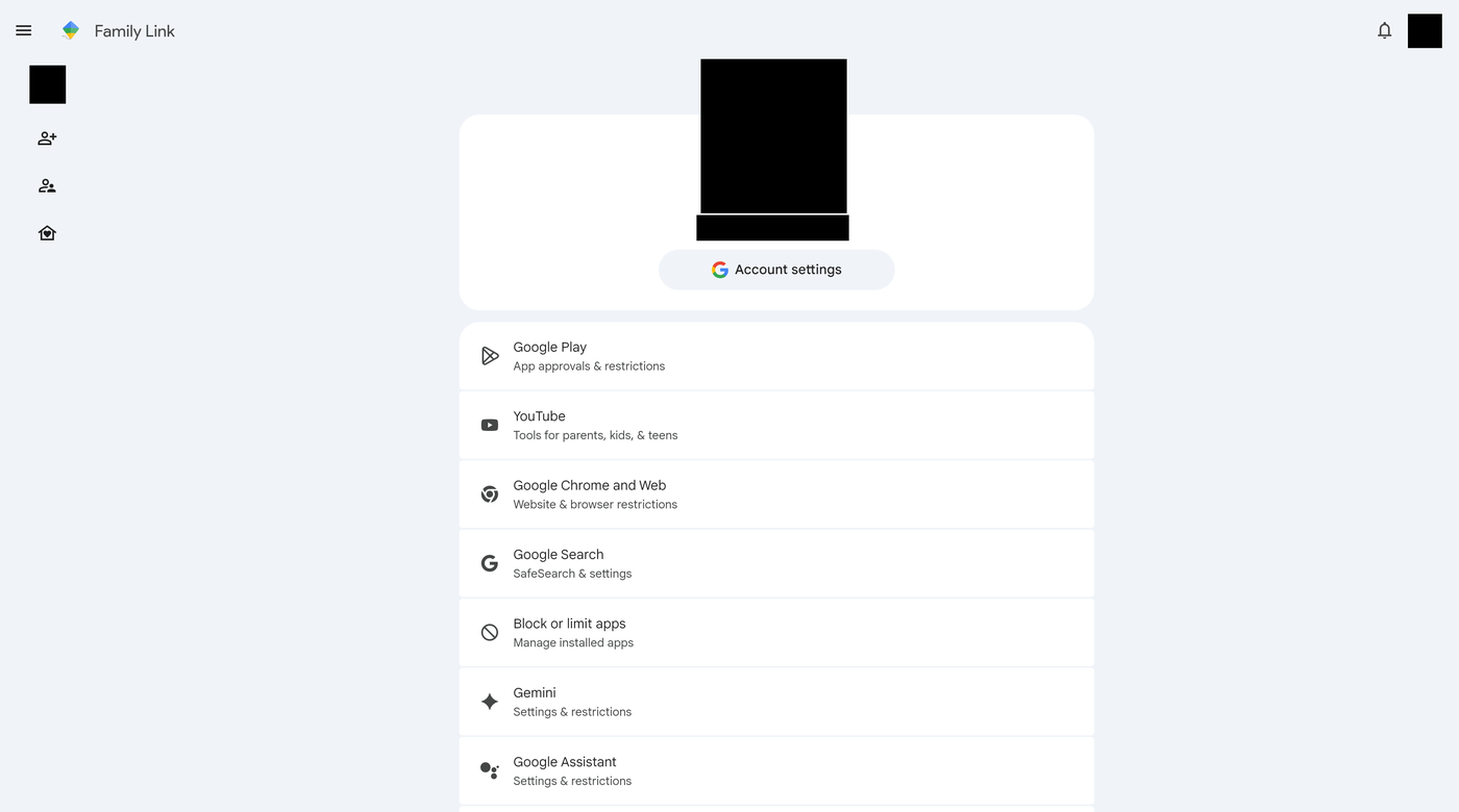 Family Link web dashboard for a child account (photo and email redacted) showing the Controls list: Google Play app approvals and restrictions, YouTube, Google Chrome and Web, Google Search, Block or limit apps, Gemini, and Google Assistant.