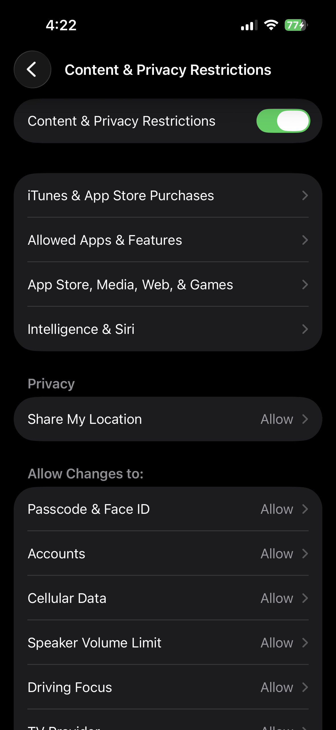 iOS Content & Privacy Restrictions screen with the master toggle on, showing iTunes & App Store Purchases, Allowed Apps & Features, App Store, Media, Web, & Games, Intelligence & Siri, and the Allow Changes list.